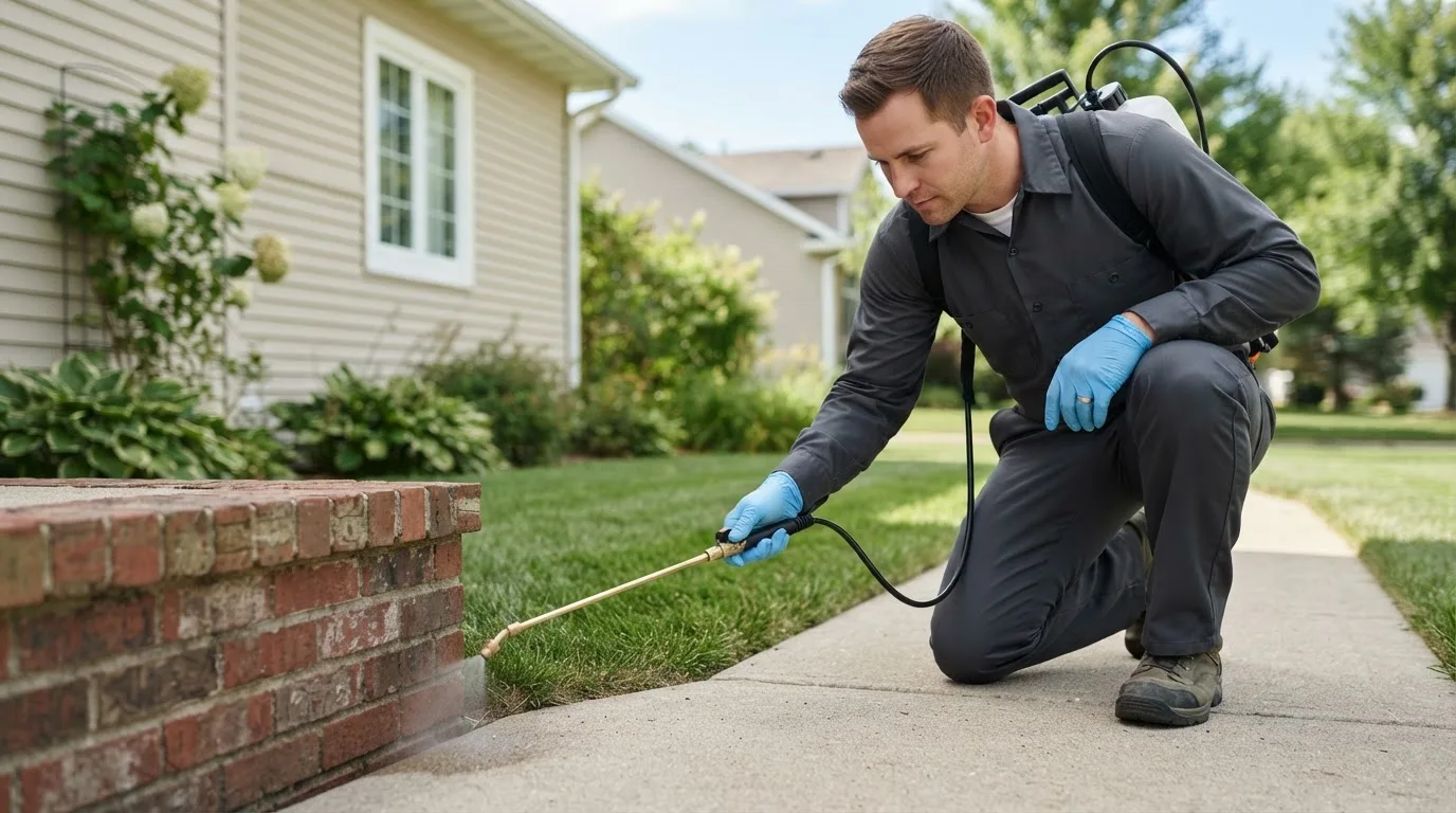 Pest control technician treating a home near Hamburg, IA