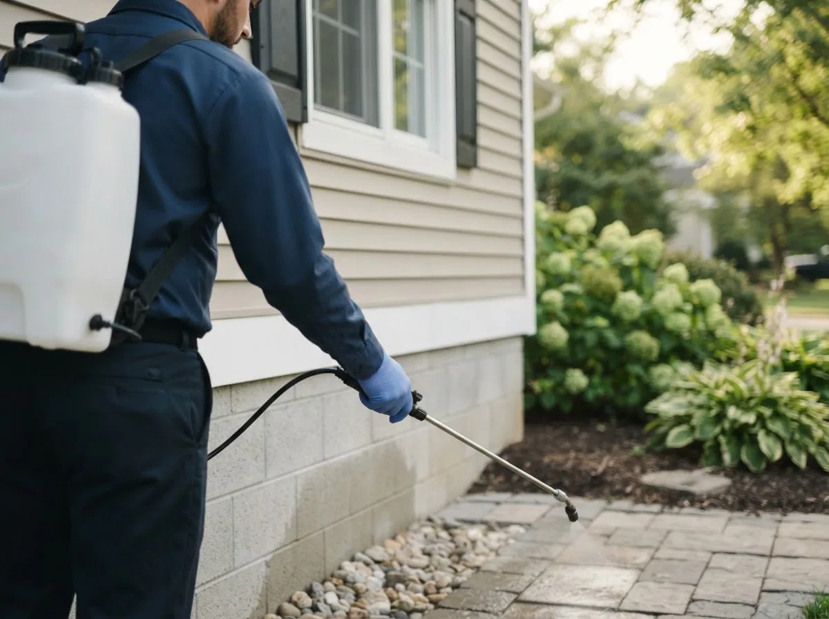 Pest control technician inspecting a home in Hamburg, IA
